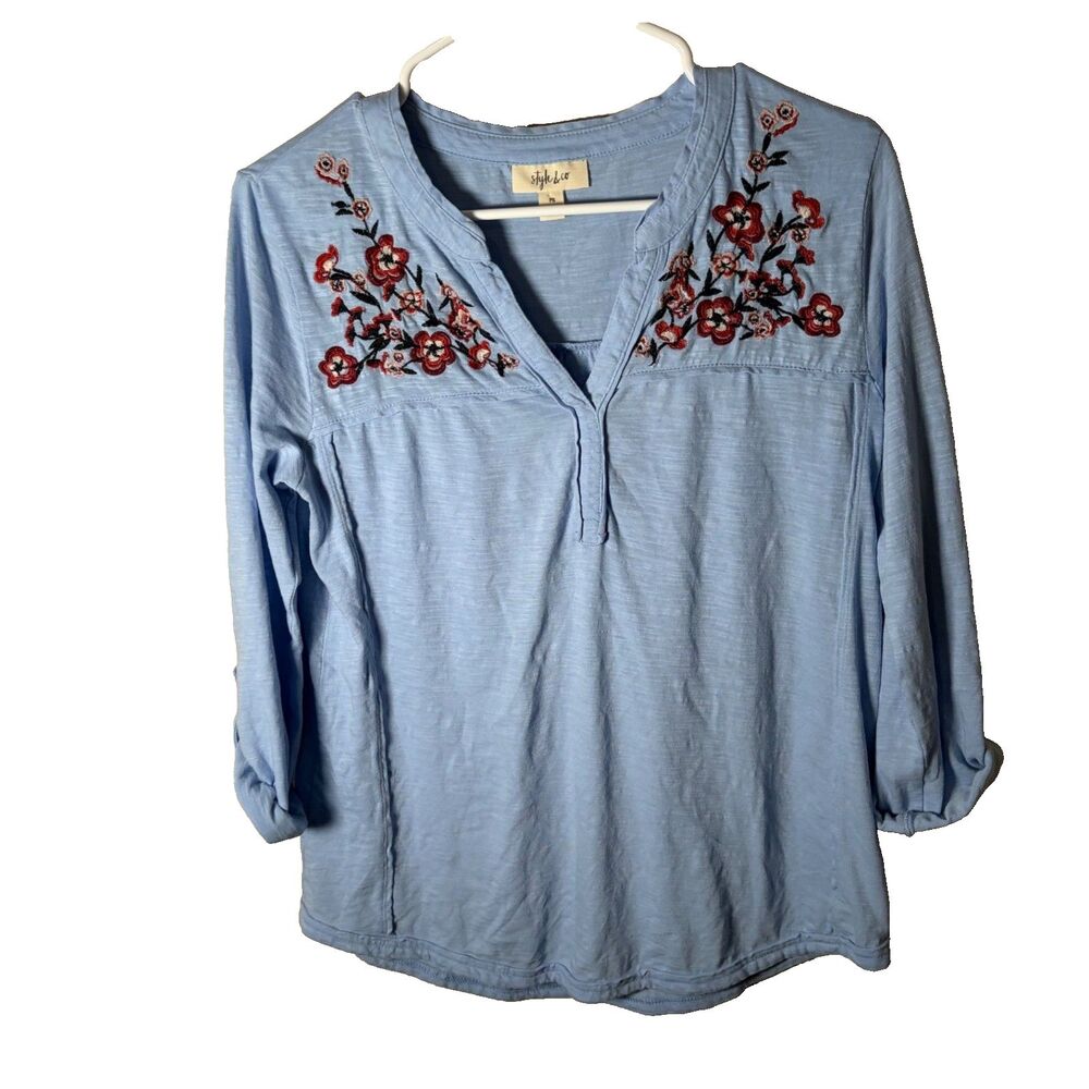 Style & Co Blouse Women's Petite Small V-Neck Floral Embroidered 3/4 Sleeve